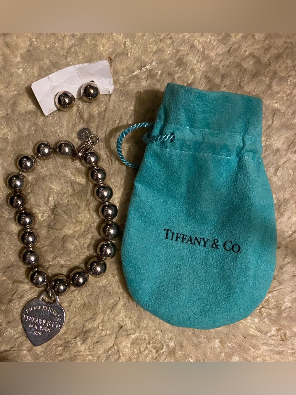 Tiffany & Co. Silver large 14mm Ball Bracelet with 14mm ball earrings /pouch